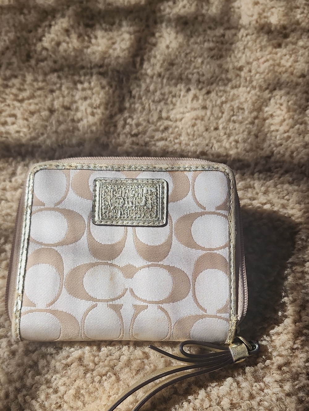 Coach Small Zip Card Wallet in Light Pink and Beige with Gold Trim